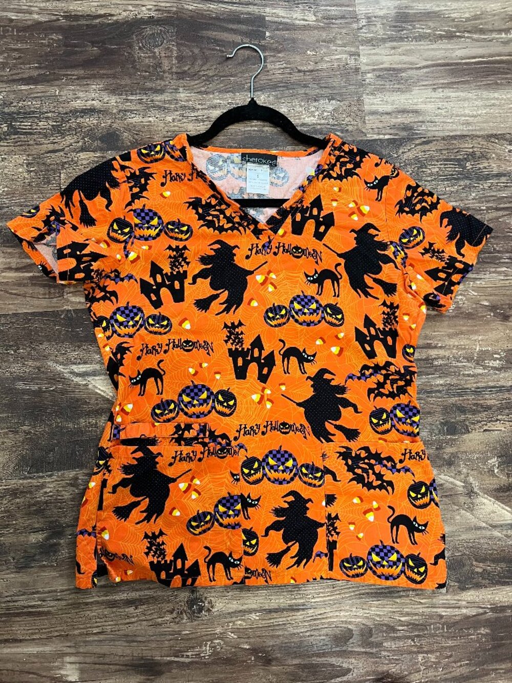 Cherokee Workwear Halloween Scrub Top Women’s S Orange Witch Black Cat Pumpkin
